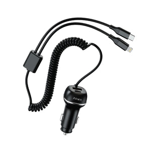 Pawa Solid Car Charger Dual Port  USB-C  And Lightning Cable 68W