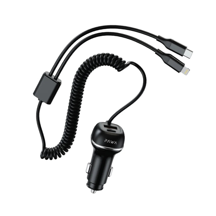 Pawa Solid Car Charger Dual Port  USB-C  And Lightning Cable 68W