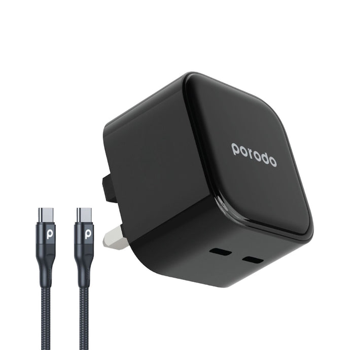 Porodo 1.2M Braided Type-C to Type-C Wall Charger - Black