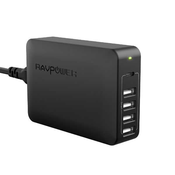 Ravupower 60W 5-Port USB Desktop Charger with USB-C PD Black