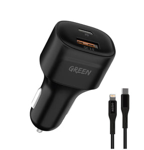 Green Compact Car Charger Dual Port Usb Charger  With Cable